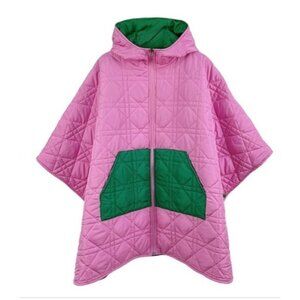 Womens Quilted Hooded Puffer Poncho One Size Pink Green Preppy Coastal Cottage